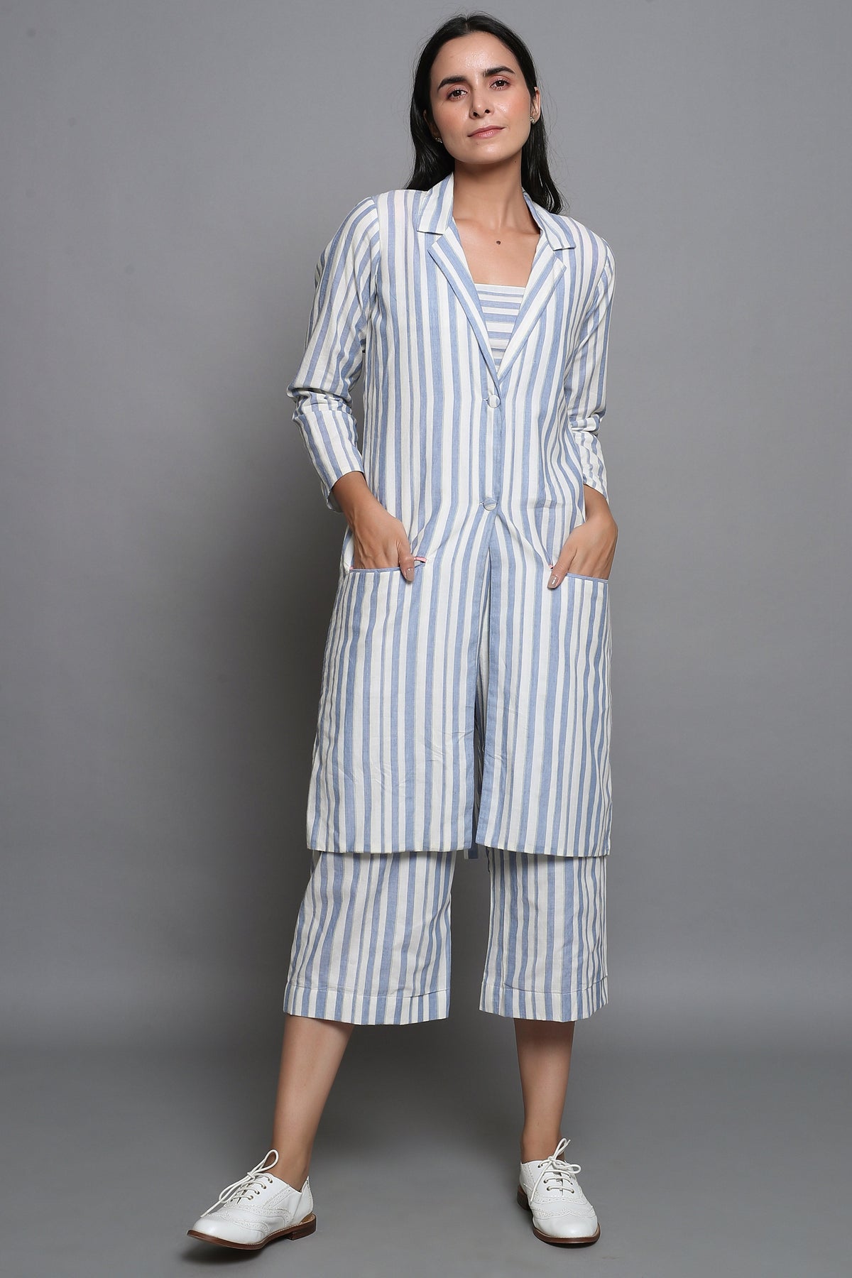 Striped Overcoat With Culottes and Bralette Top - ILMA