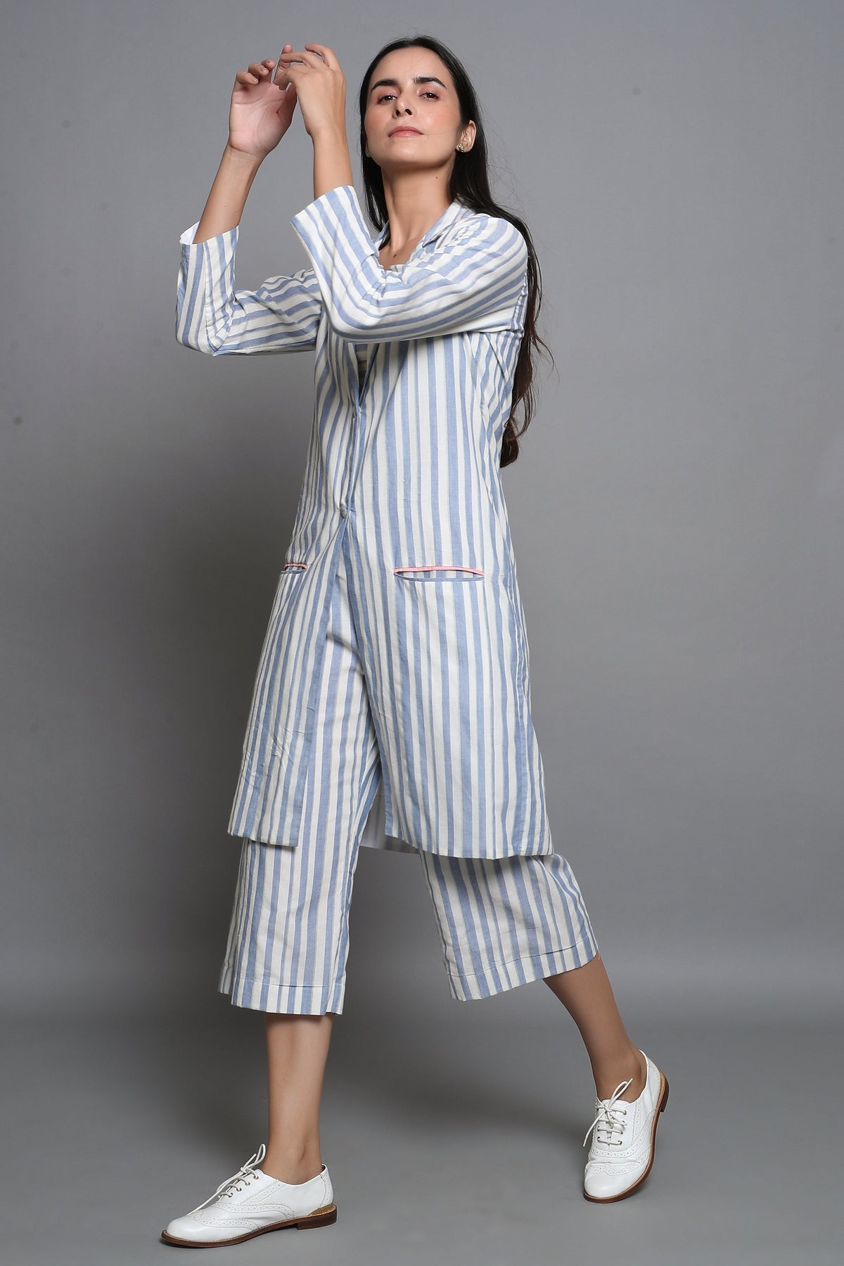 Striped Overcoat With Culottes and Bralette Top - ILMA