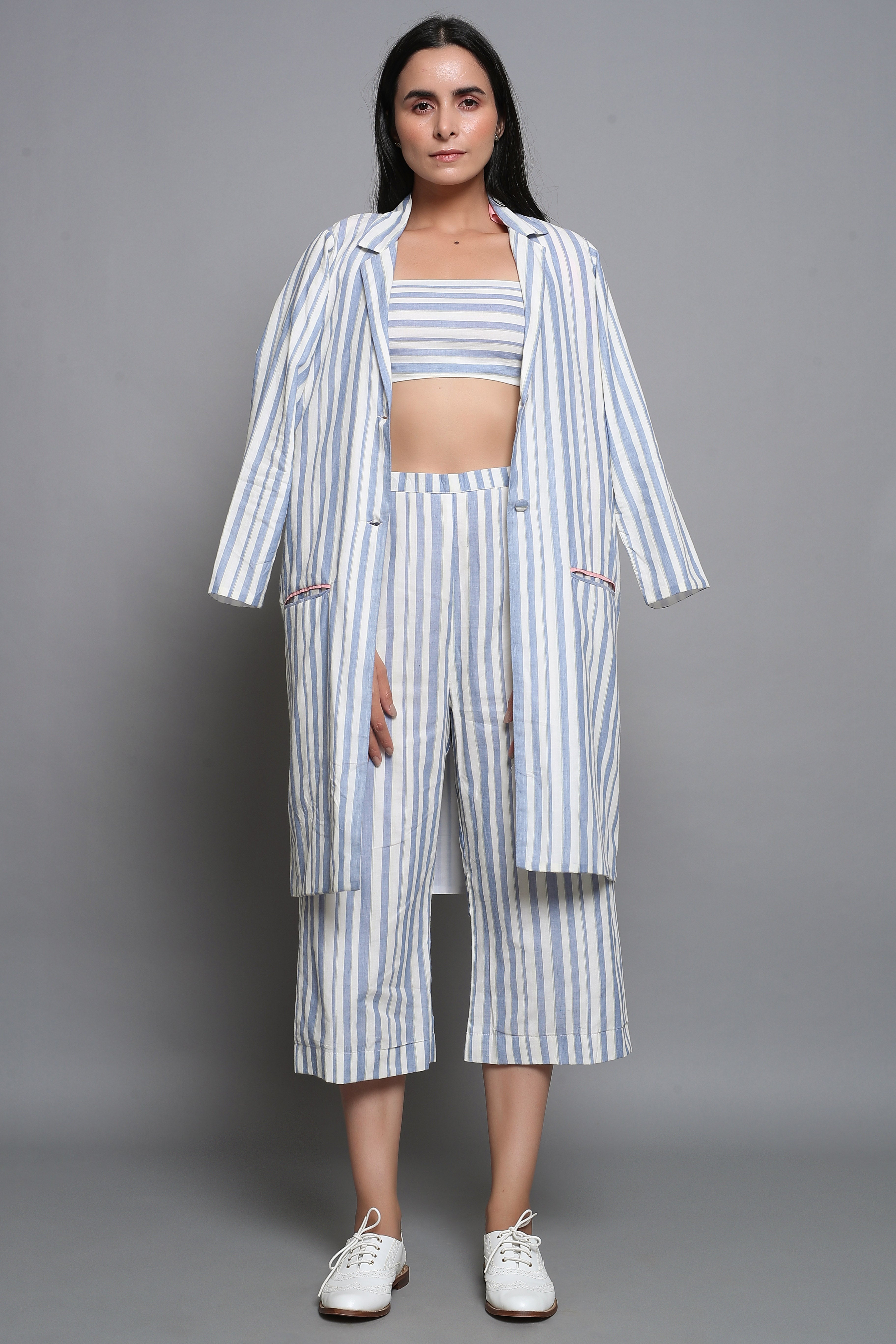 Striped Overcoat With Culottes and Bralette Top - ILMA