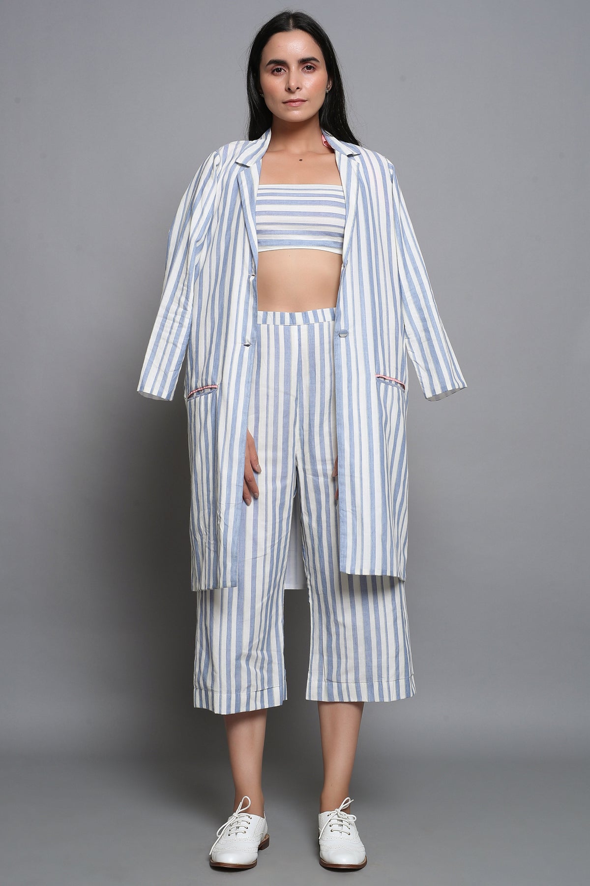 Striped Overcoat With Culottes and Bralette Top - ILMA