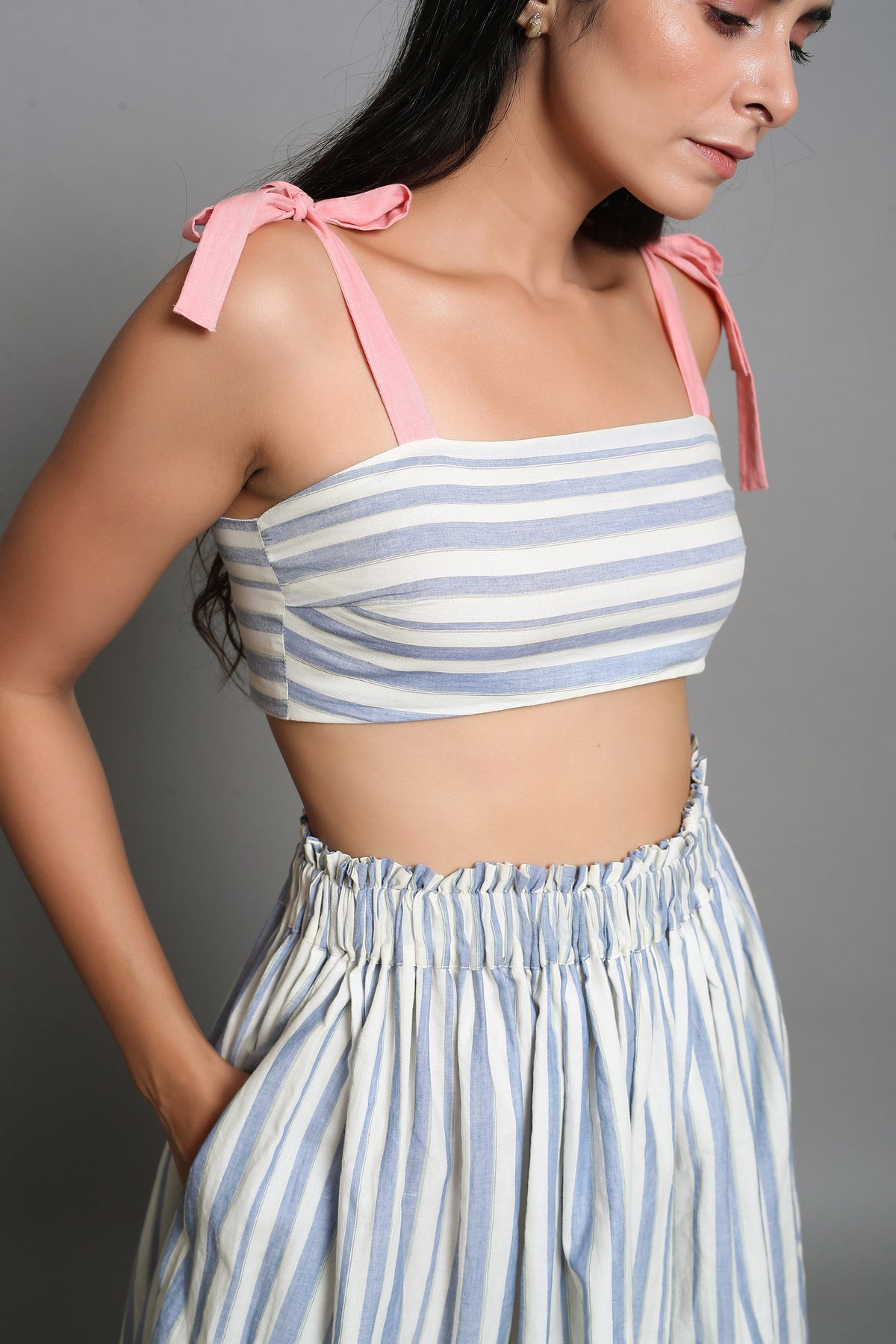 Striped Skirt With Pink Tie Up Top - ILMA