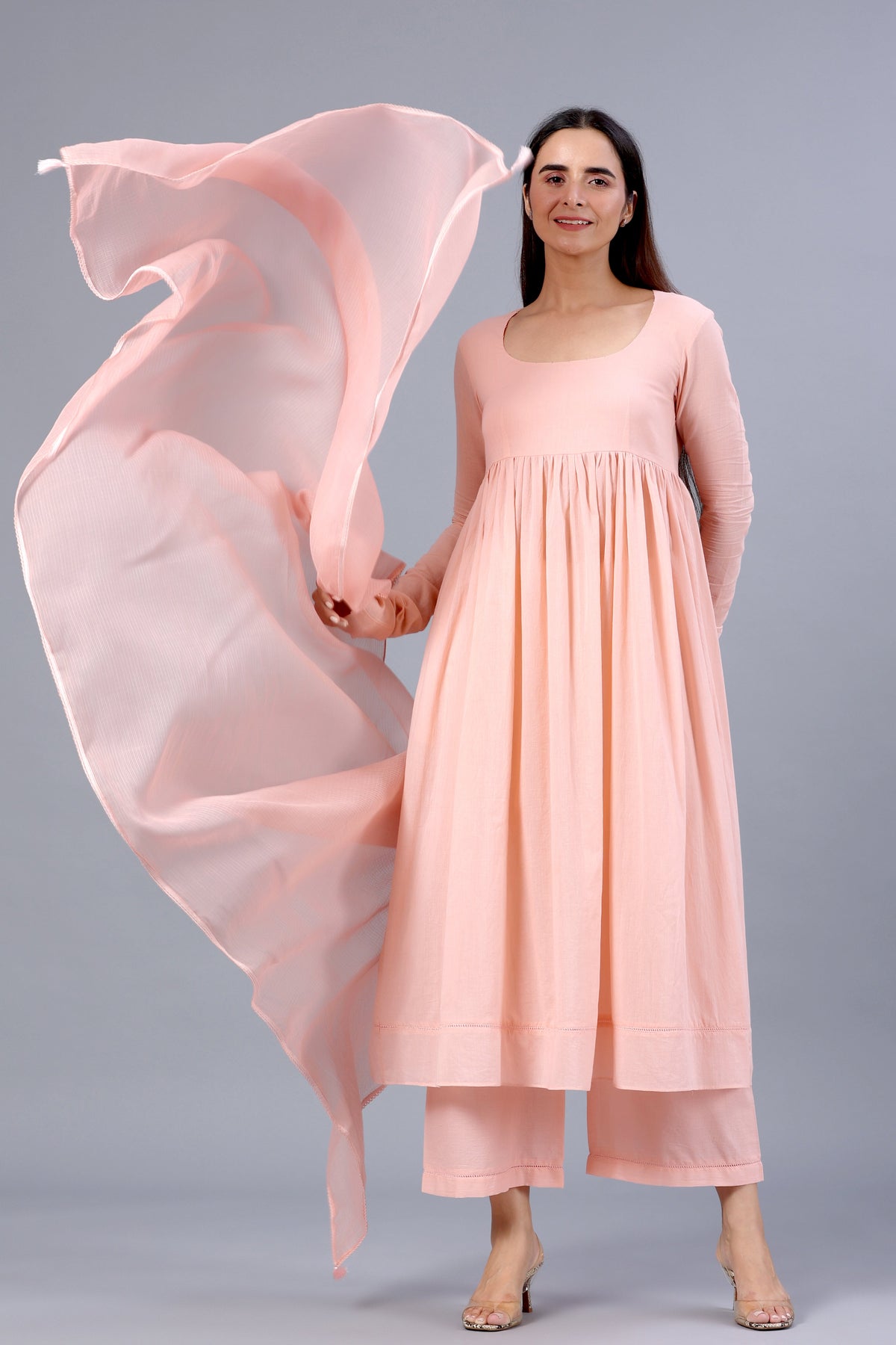 Vaani Kapoor in Peach Full Sleeves Suit Set with Doria Dupatta - ILMA