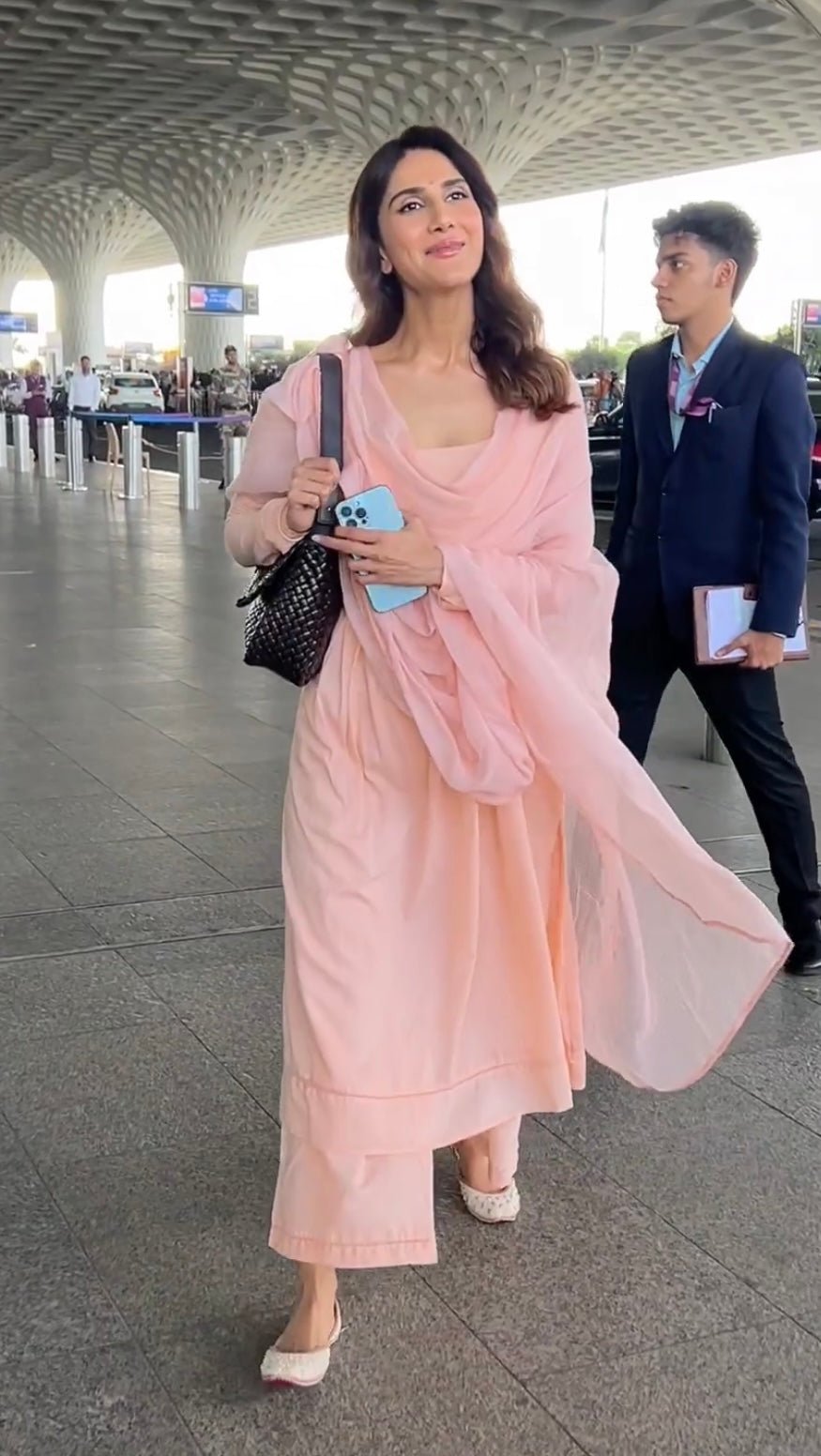 Vaani Kapoor in Peach Full Sleeves Suit Set with Doria Dupatta - ILMA