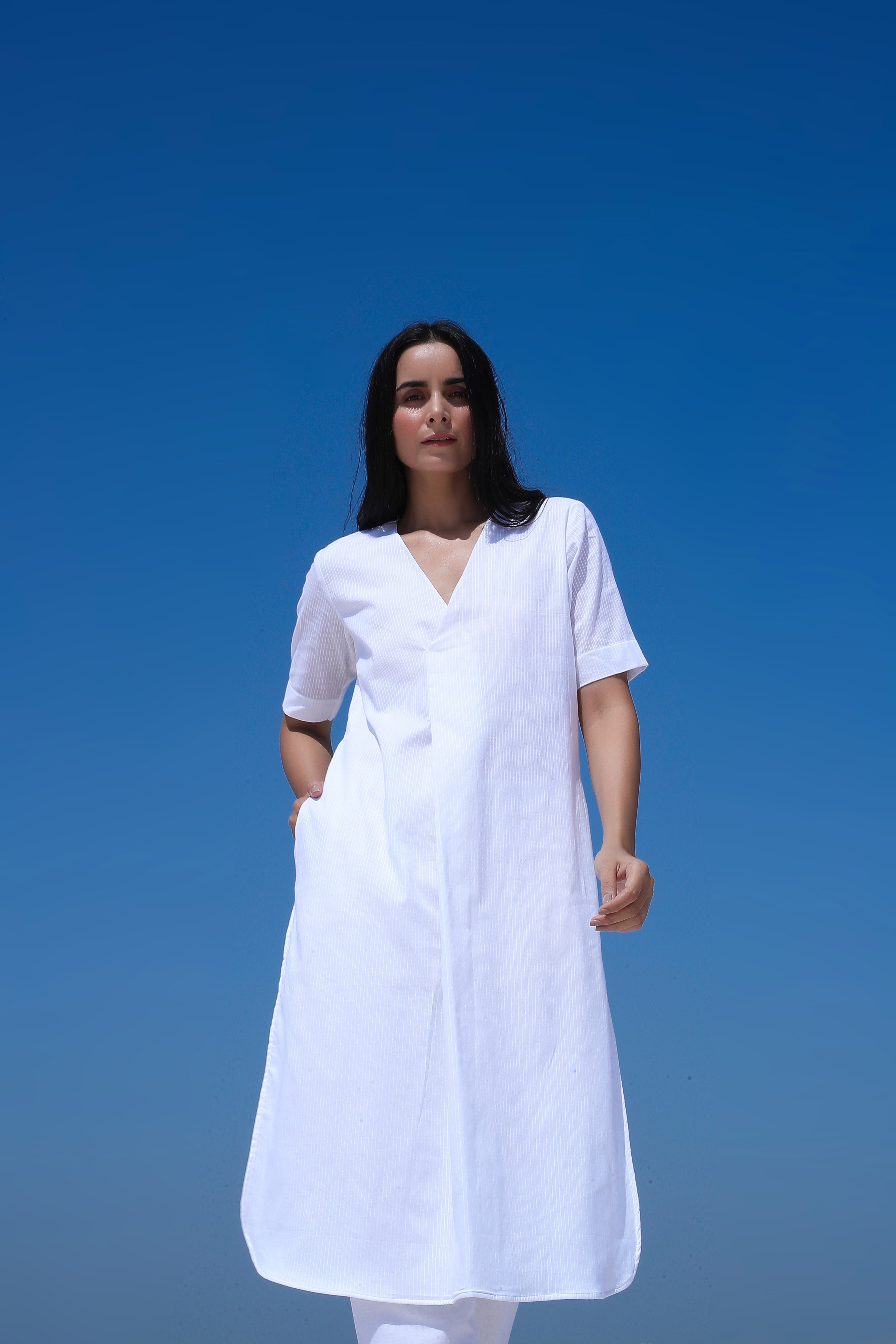 White Acordion Pleated V Neck Kurta Set - ILMA