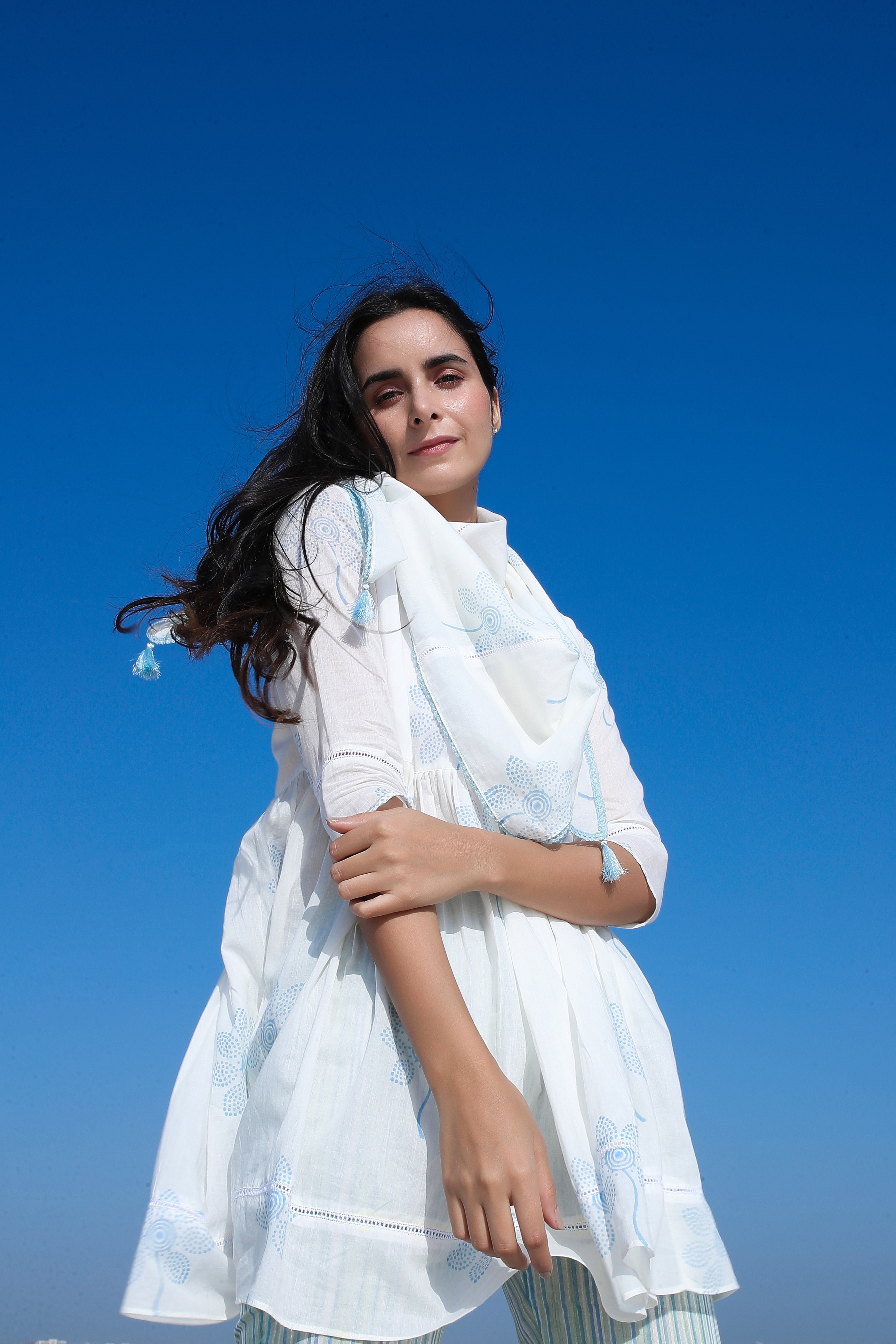 White Block Printed Short Kurta Set with Scarf - ILMA