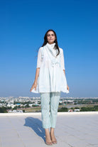 White Block Printed Short Kurta Set with Scarf - ILMA
