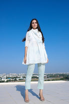 White Block Printed Short Kurta Set with Scarf - ILMA
