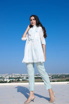 White Block Printed Short Kurta Set with Scarf - ILMA