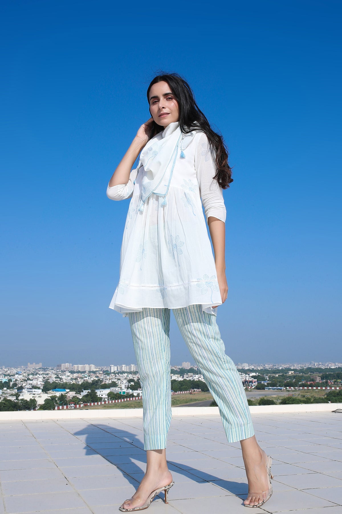 White Block Printed Short Kurta Set with Scarf - ILMA
