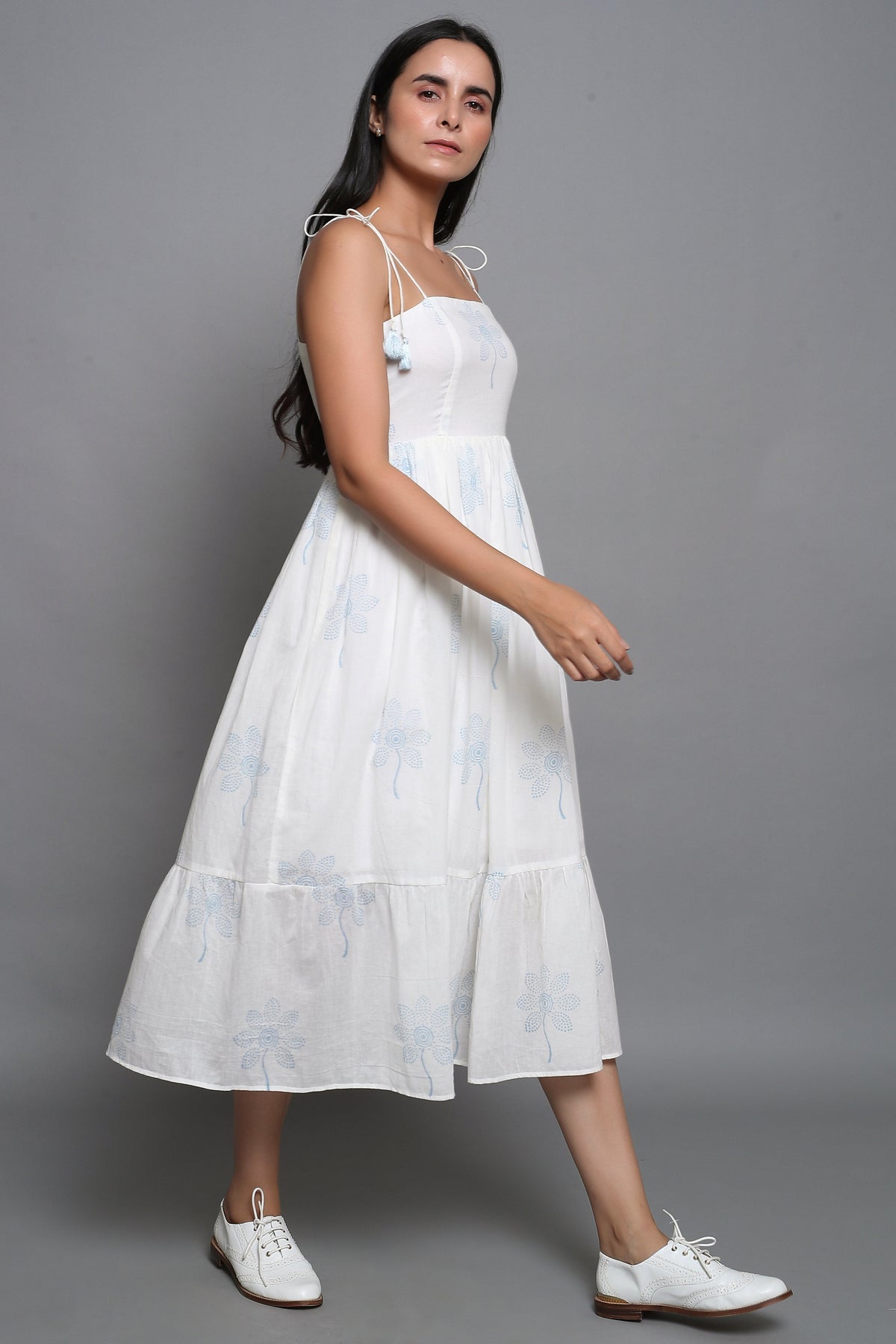 White Block Printed Shoulder Tie Up Dress - ILMA