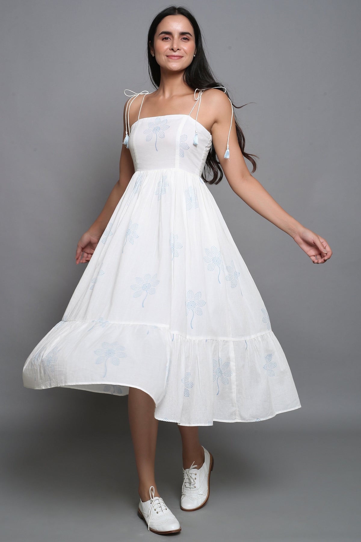 White Block Printed Shoulder Tie Up Dress - ILMA