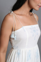 White Block Printed Shoulder Tie Up Dress - ILMA