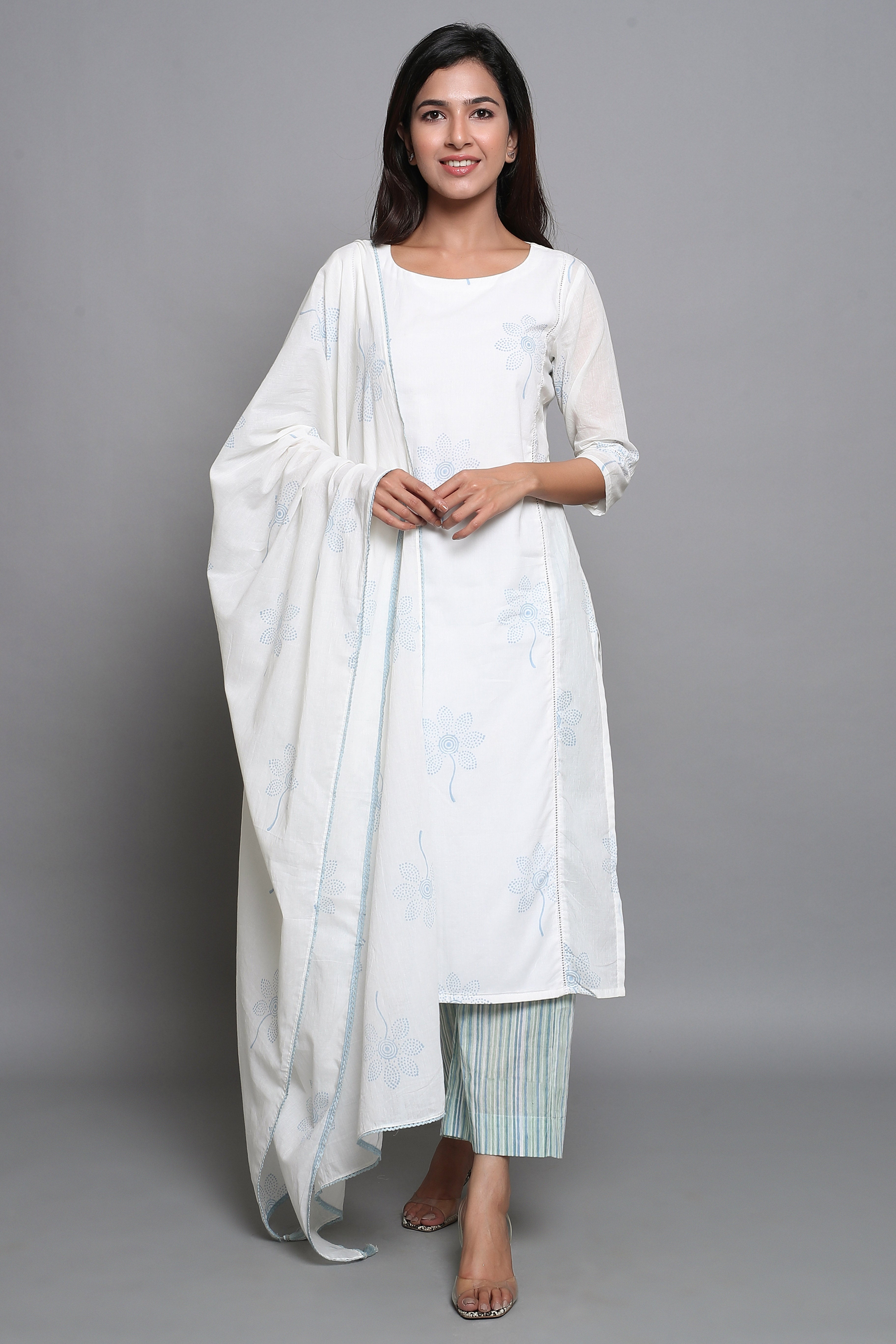 White Block Printed Suit Set with Dupatta - ILMA