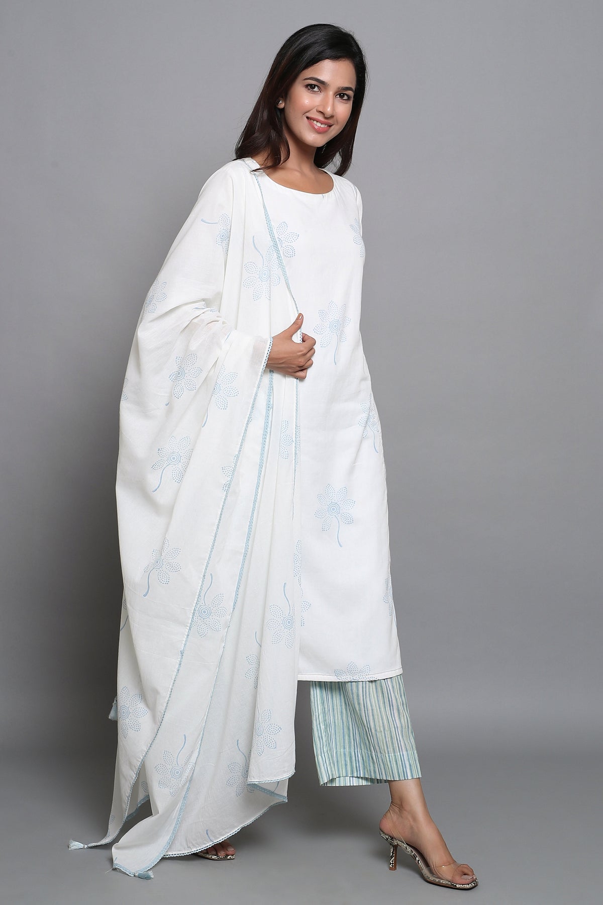 White Block Printed Suit Set with Dupatta - ILMA