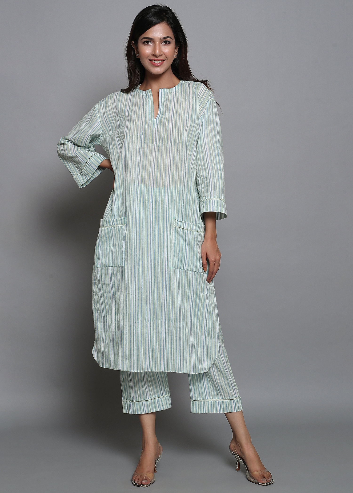 Lavanya The Label Women V-Neck Striped Pure Cotton Kurta With Trousers -  Absolutely Desi